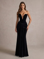 Velvet Mermaid Strapless Maxi Evening Dresses with Deep V Neck