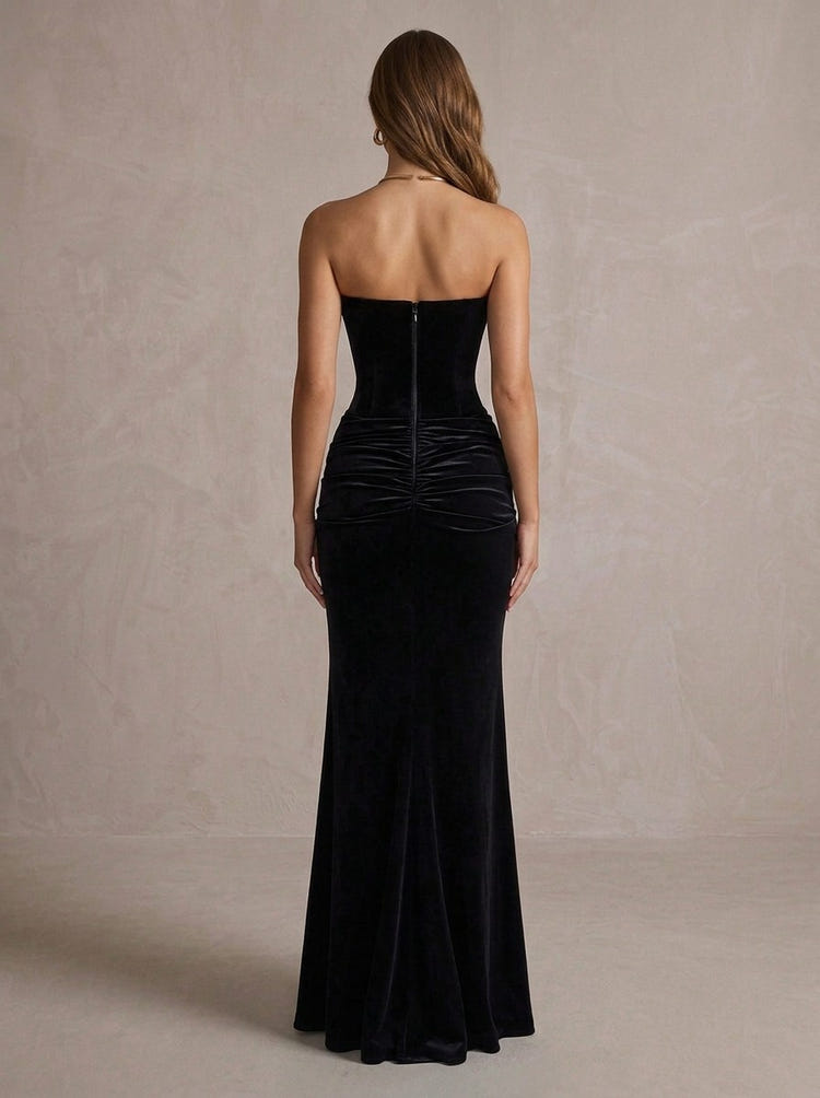 Velvet Mermaid Strapless Maxi Evening Dresses with Deep V Neck