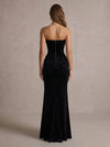Velvet Mermaid Strapless Maxi Evening Dresses with Deep V Neck