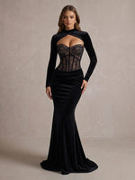 Velvet Mermaid High Neck Maxi Evening Dresses with Lace Top