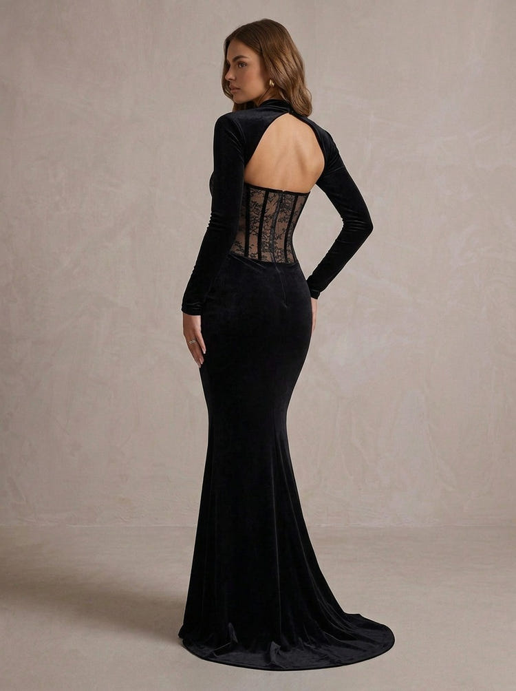 Velvet Mermaid High Neck Maxi Evening Dresses with Lace Top