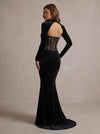 Velvet Mermaid High Neck Maxi Evening Dresses with Lace Top