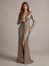 Metallic Satin Mermaid V Neck Maxi Evening Dresses with Twisted Knot