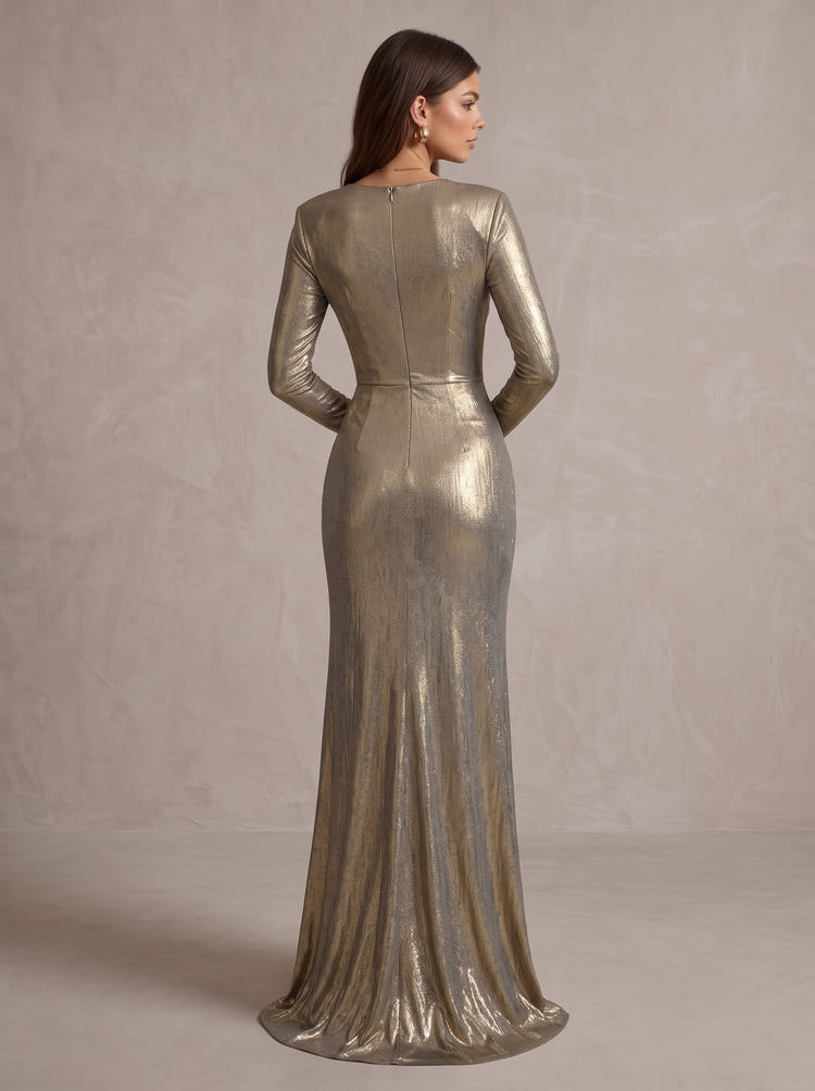 Metallic Satin Mermaid V Neck Maxi Evening Dresses with Twisted Knot