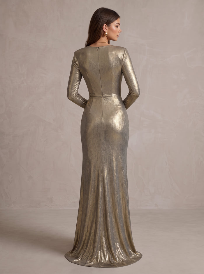 Metallic Satin Mermaid V Neck Maxi Evening Dresses with Twisted Knot