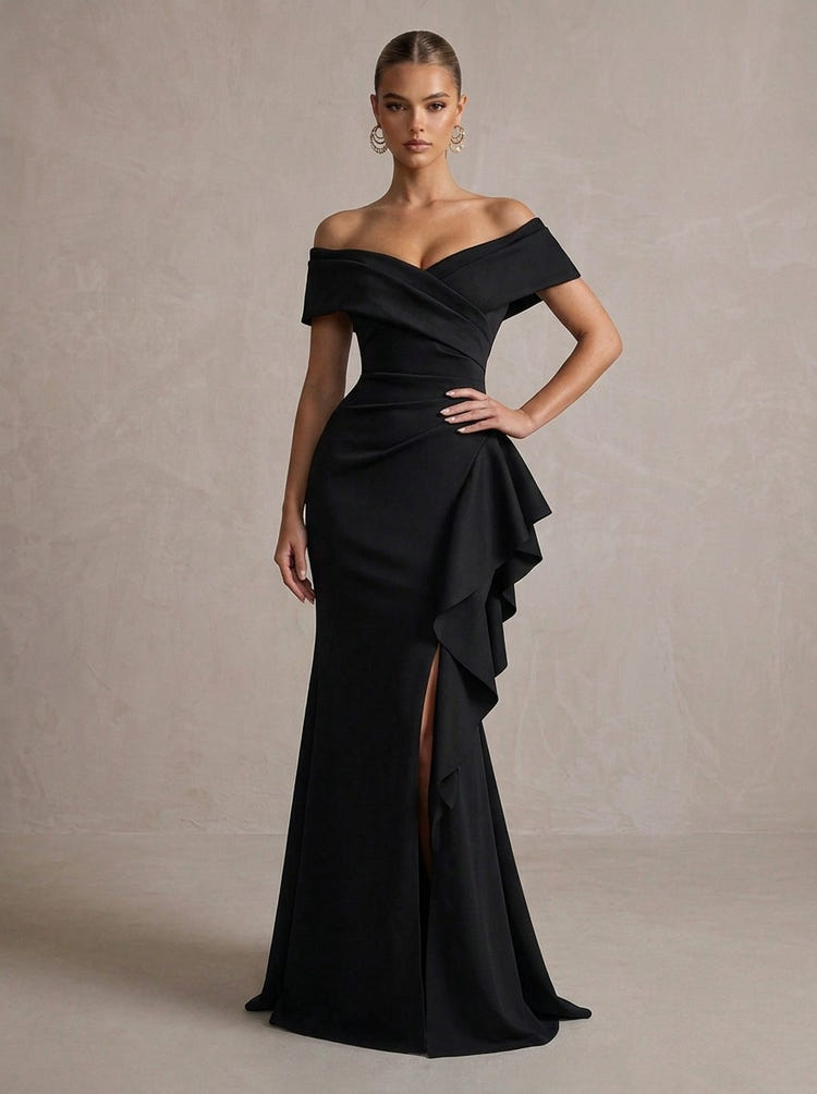 Jersey Mermaid Off Shoulder Maxi Evening Dresses with Ruffles