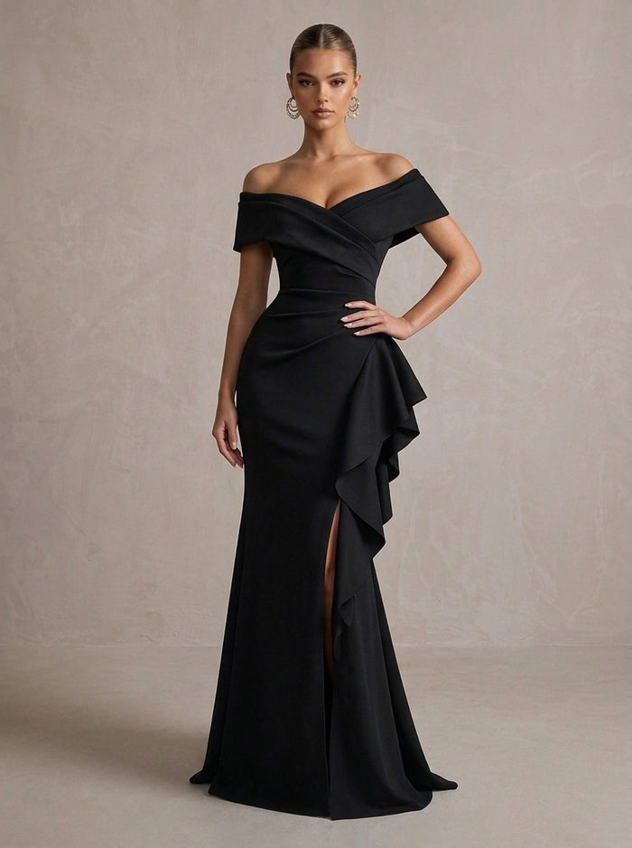 Jersey Mermaid Off Shoulder Maxi Evening Dresses with Ruffles