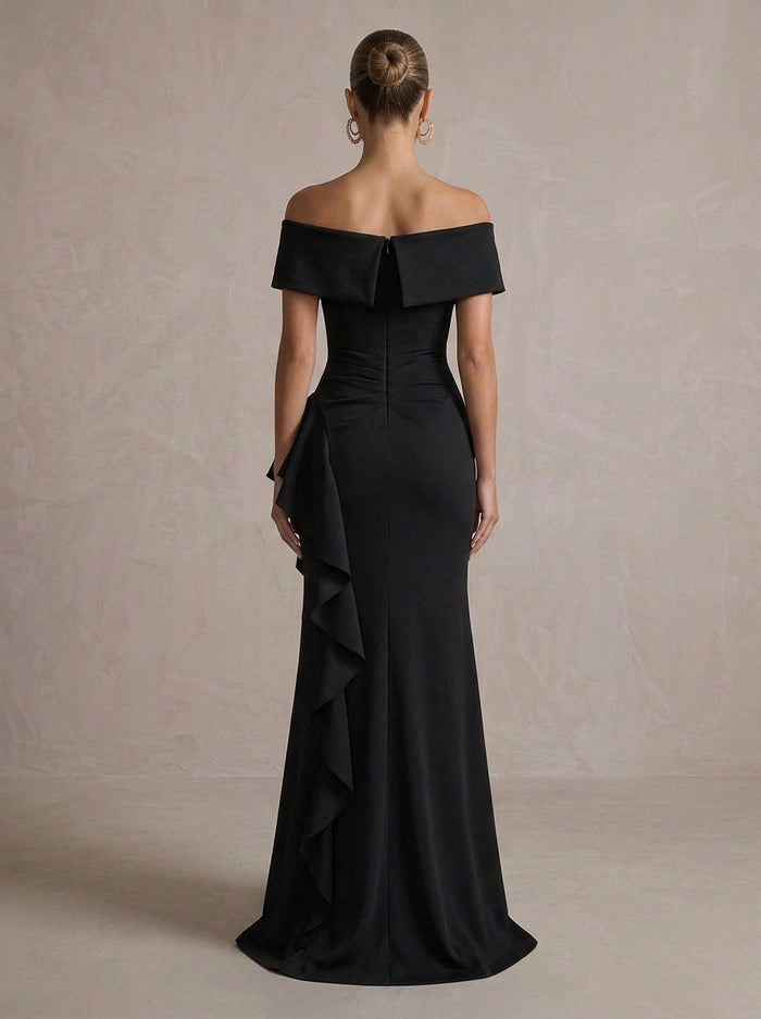 Jersey Mermaid Off Shoulder Maxi Evening Dresses with Ruffles
