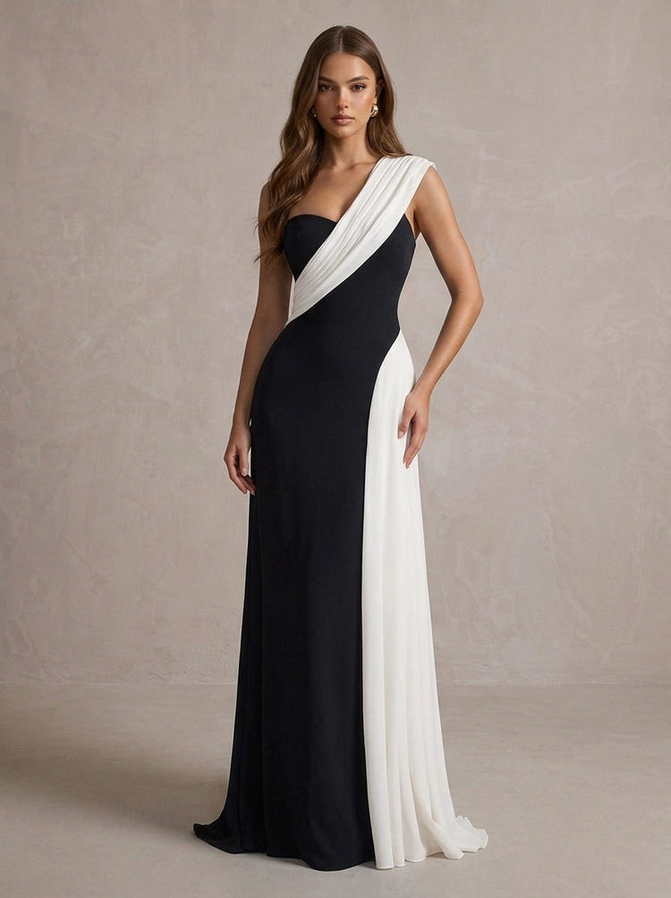 Jersey A-Line One Shoulder Maxi Evening Dresses with Colorblocked