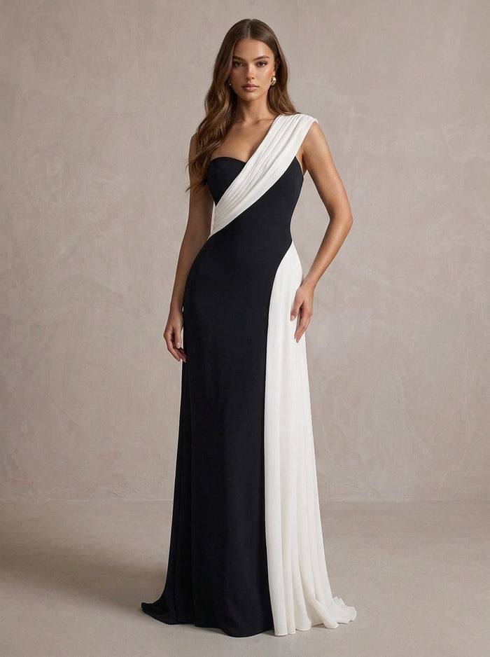 Jersey A-Line One Shoulder Maxi Evening Dresses with Colorblocked
