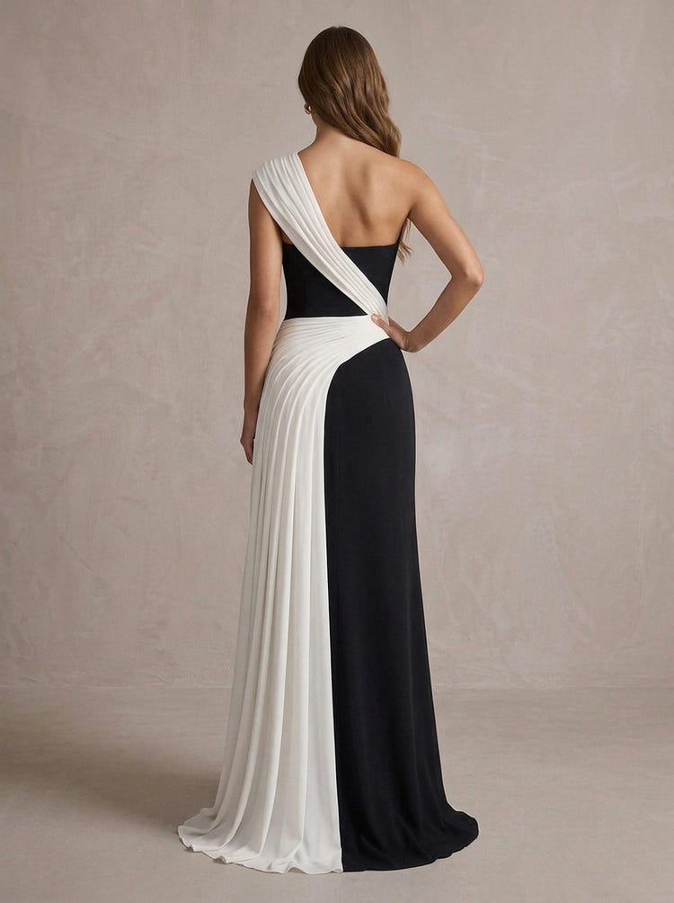Jersey A-Line One Shoulder Maxi Evening Dresses with Colorblocked