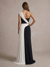 Jersey A-Line One Shoulder Maxi Evening Dresses with Colorblocked