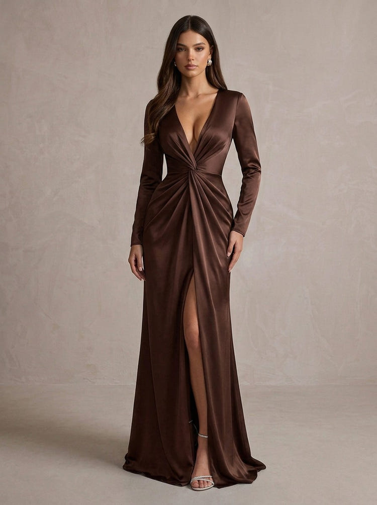 Satin A-Line V Neck Maxi Evening Dresses with Twisted Knot