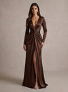 Satin A-Line V Neck Maxi Evening Dresses with Twisted Knot