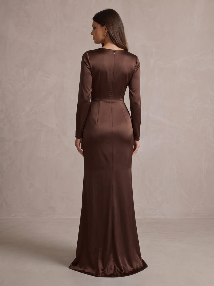 Satin A-Line V Neck Maxi Evening Dresses with Twisted Knot