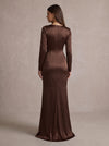 Satin A-Line V Neck Maxi Evening Dresses with Twisted Knot