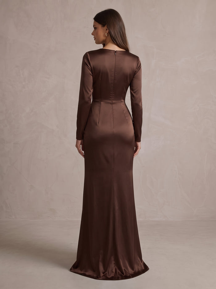 Satin A-Line V Neck Maxi Evening Dresses with Twisted Knot