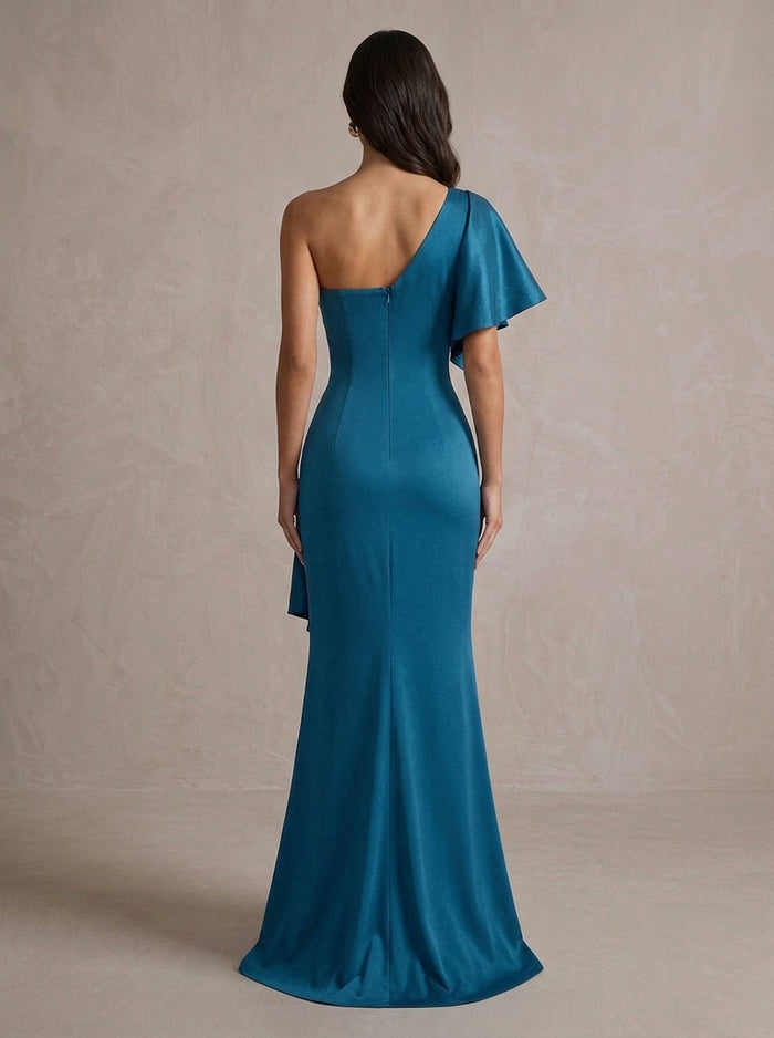 Satin Mermaid One Shoulder Maxi Evening Dresses with Side Waist Ruched