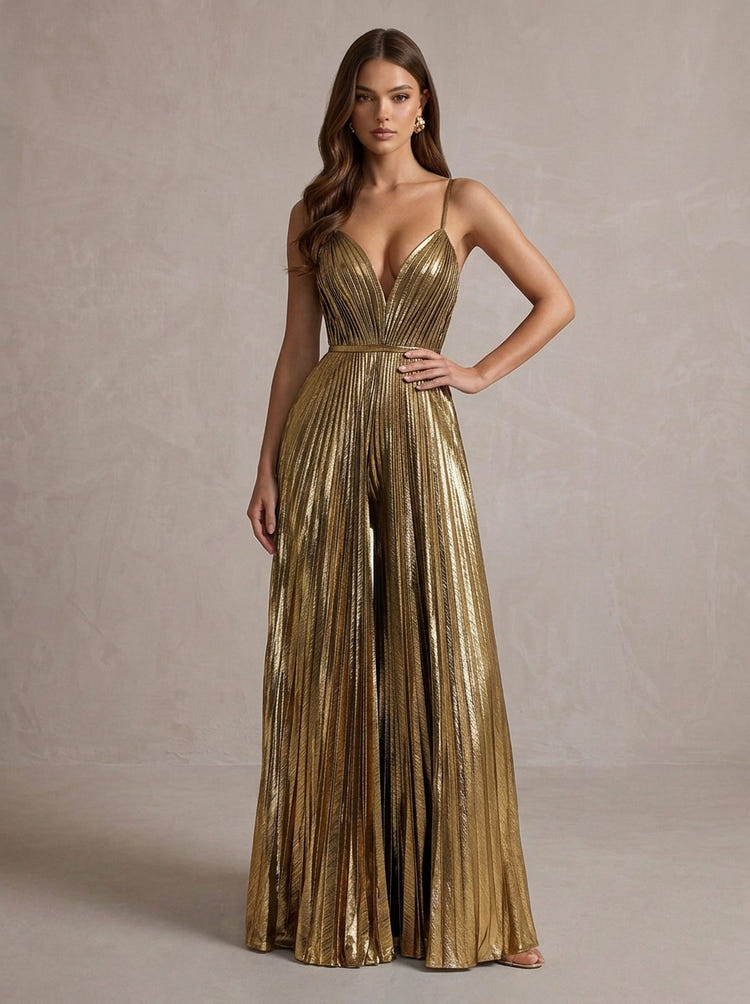 Metallic Satin Spaghetti Straps Maxi Evening Pantsuit with Delicate Pleated