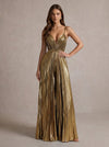 Metallic Satin Spaghetti Straps Maxi Evening Pantsuit with Delicate Pleated