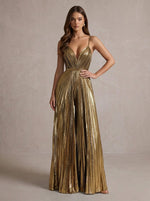 Metallic Satin Spaghetti Straps Maxi Evening Pantsuit with Delicate Pleated