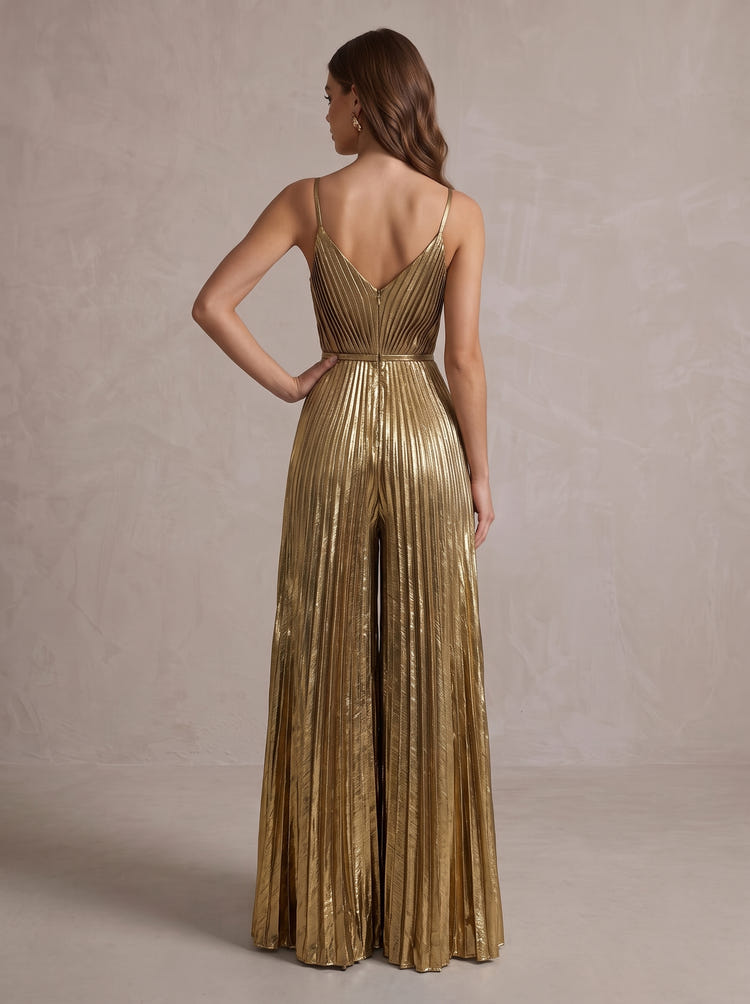 Metallic Satin Spaghetti Straps Maxi Evening Pantsuit with Delicate Pleated
