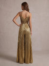 Metallic Satin Spaghetti Straps Maxi Evening Pantsuit with Delicate Pleated