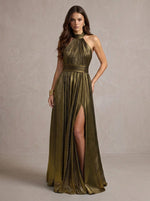 Metallic Satin A-Line Halter Maxi Evening Dresses with Delicate Pleated