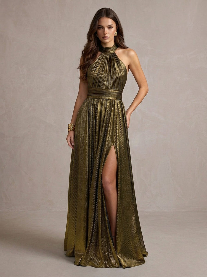Metallic Satin A-Line Halter Maxi Evening Dresses with Delicate Pleated