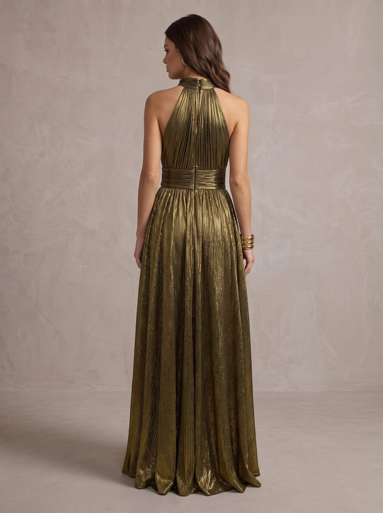 Metallic Satin A-Line Halter Maxi Evening Dresses with Delicate Pleated