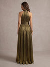 Metallic Satin A-Line Halter Maxi Evening Dresses with Delicate Pleated
