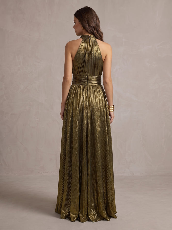 Metallic Satin A-Line Halter Maxi Evening Dresses with Delicate Pleated