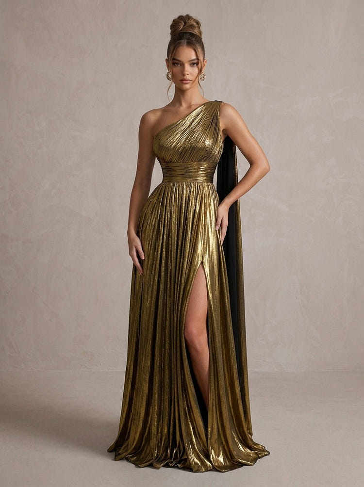 Metallic Satin A-Line One Shoulder Maxi Evening Dresses with Flowing Sash