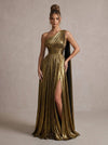 Metallic Satin A-Line One Shoulder Maxi Evening Dresses with Flowing Sash