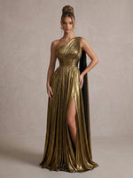 Metallic Satin A-Line One Shoulder Maxi Evening Dresses with Flowing Sash