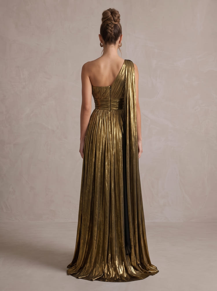 Metallic Satin A-Line One Shoulder Maxi Evening Dresses with Flowing Sash