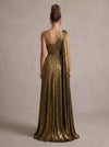 Metallic Satin A-Line One Shoulder Maxi Evening Dresses with Flowing Sash