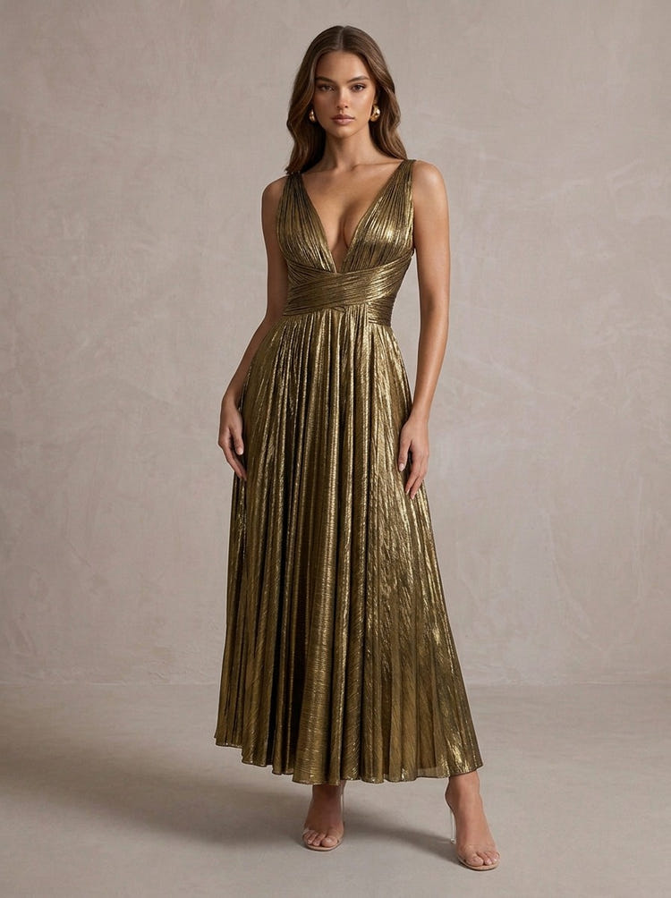 Metallic Satin A-Line V Neck Midi Evening Dresses with Delicate Pleated