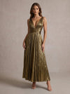 Metallic Satin A-Line V Neck Midi Evening Dresses with Delicate Pleated
