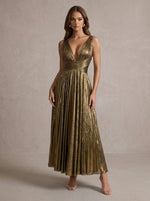 Metallic Satin A-Line V Neck Midi Evening Dresses with Delicate Pleated