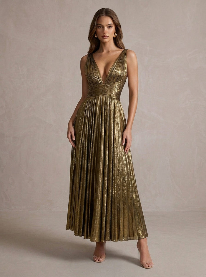 Metallic Satin A-Line V Neck Midi Evening Dresses with Delicate Pleated