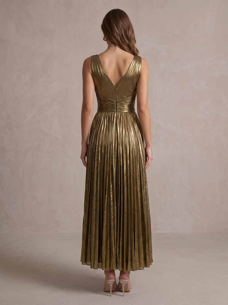Metallic Satin A-Line V Neck Midi Evening Dresses with Delicate Pleated