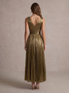 Metallic Satin A-Line V Neck Midi Evening Dresses with Delicate Pleated