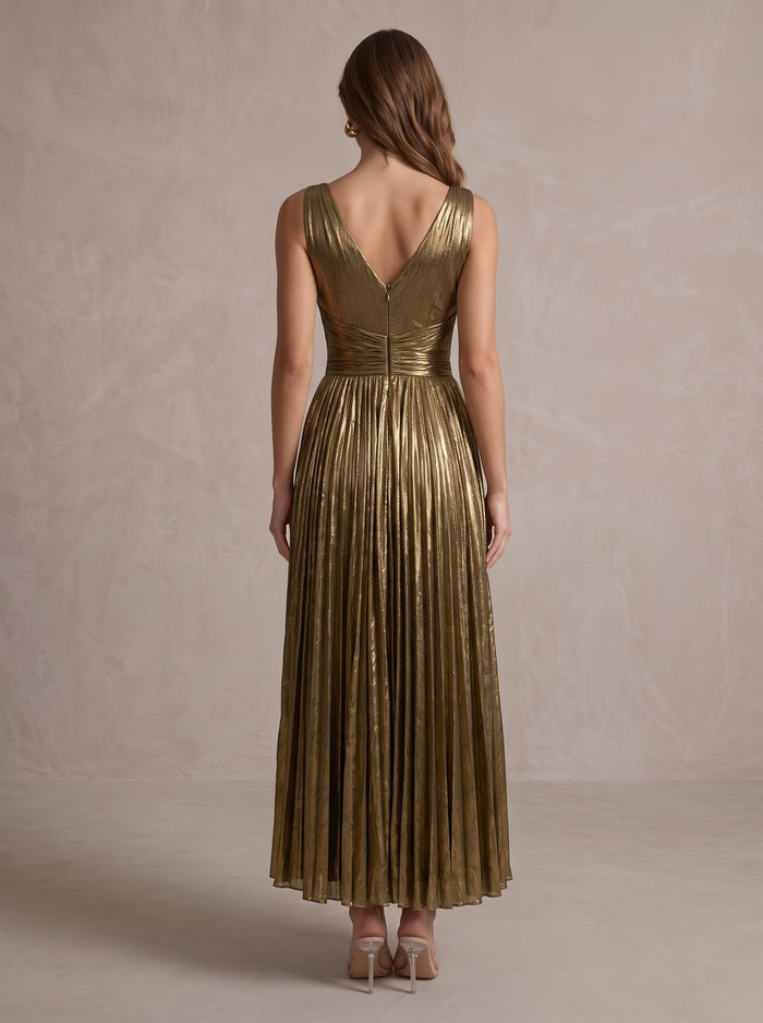 Metallic Satin A-Line V Neck Midi Evening Dresses with Delicate Pleated