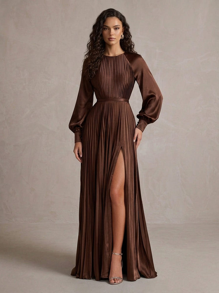 Satin A-Line Crew Neck Maxi Evening Dresses with Side Slit