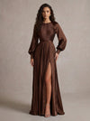 Satin A-Line Crew Neck Maxi Evening Dresses with Side Slit