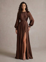 Satin A-Line Crew Neck Maxi Evening Dresses with Side Slit