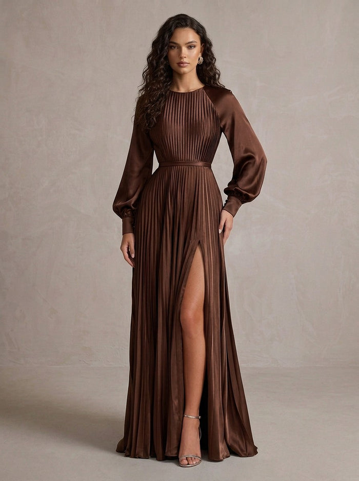 Satin A-Line Crew Neck Maxi Evening Dresses with Side Slit