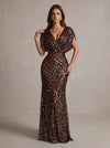 Sequins Mermaid V Neck Maxi Evening Dresses with Ruched