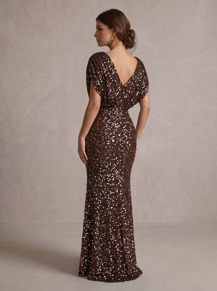 Sequins Mermaid V Neck Maxi Evening Dresses with Ruched